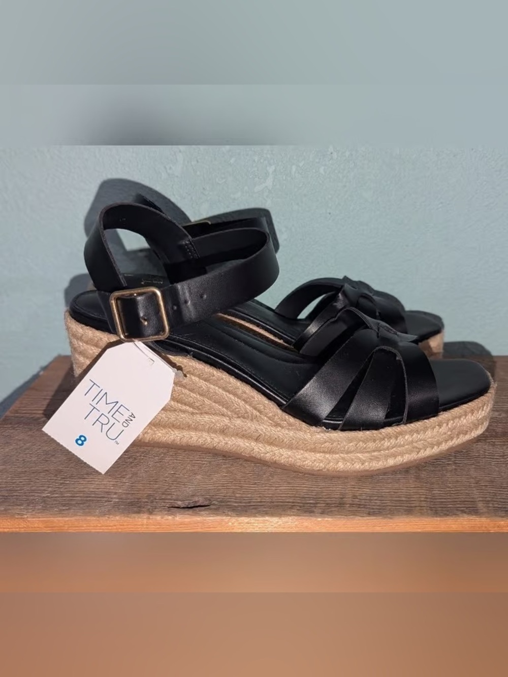 Time and Tru Black Espadrille Wedge Sandals with Buckle Ankle Strap